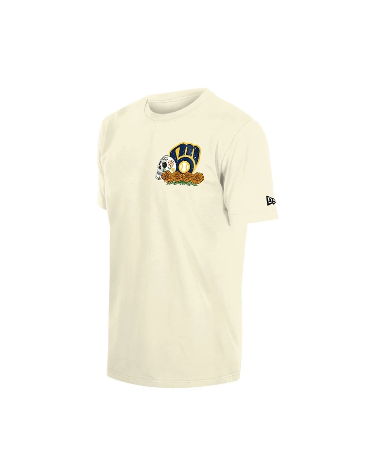 New Era Men's Natural Milwaukee Brewers Dia de los Muertos Sugar Skull T-Shirt