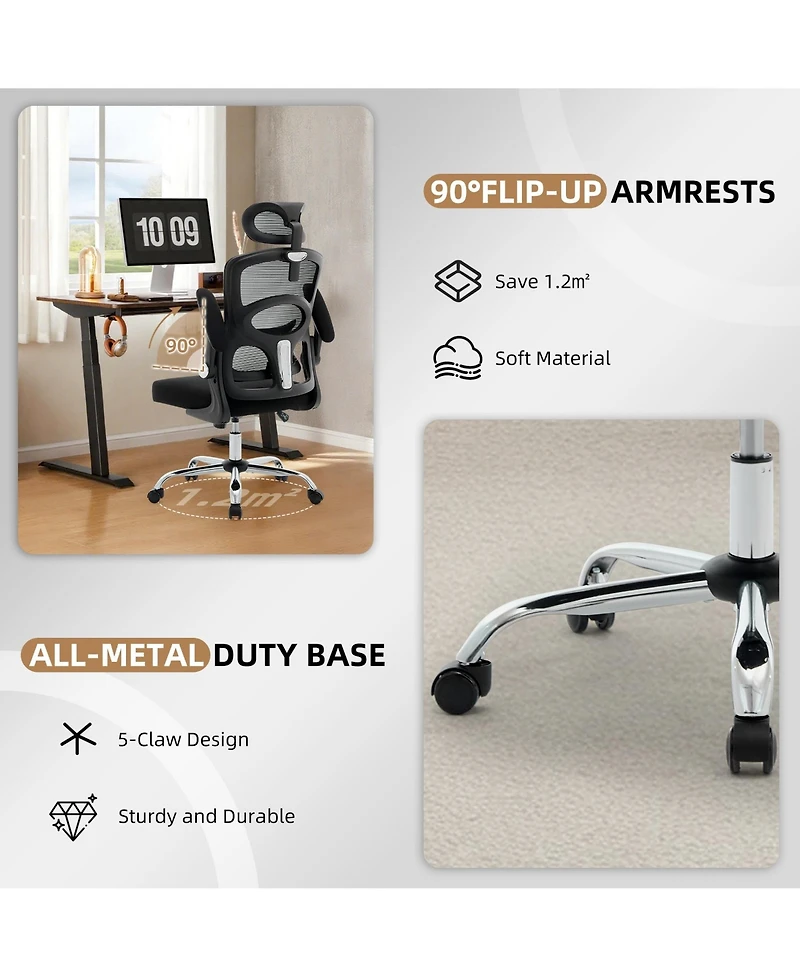 homfan Ergonomic Mesh Office Chair with adjustable headrest, lumbar support, flip-up arms, swivel wheels, and sturdy metal base