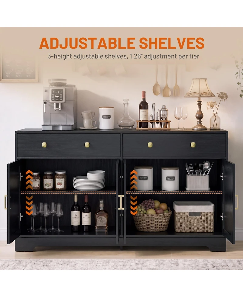 Gaomon 63 Inch Farmhouse Sideboard Buffet Cabinet Wood Storage Credenza with 2 Drawers and Adjustable Shelves Anti-Tip Coffee Bar for Kitchen Entryway