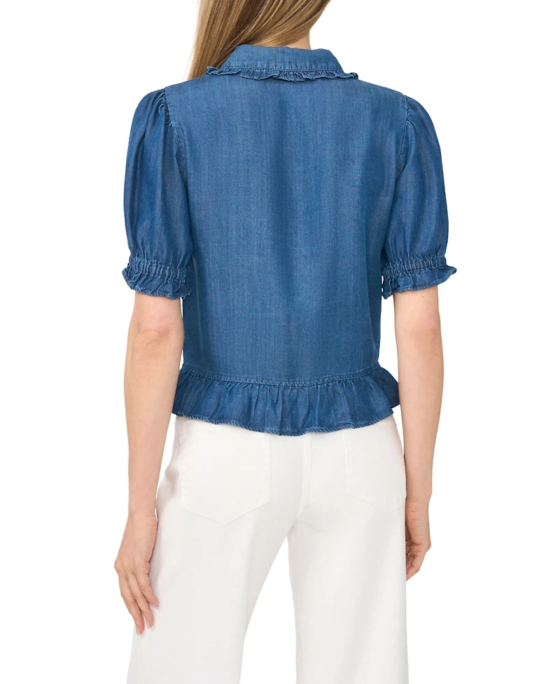 CeCe Women's Cropped Ruffle-Collar Pintuck Button-Front Top