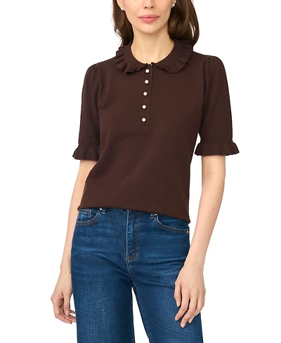 CeCe Women's Ruffle Collar 3/4-Sleeve Polo Sweater