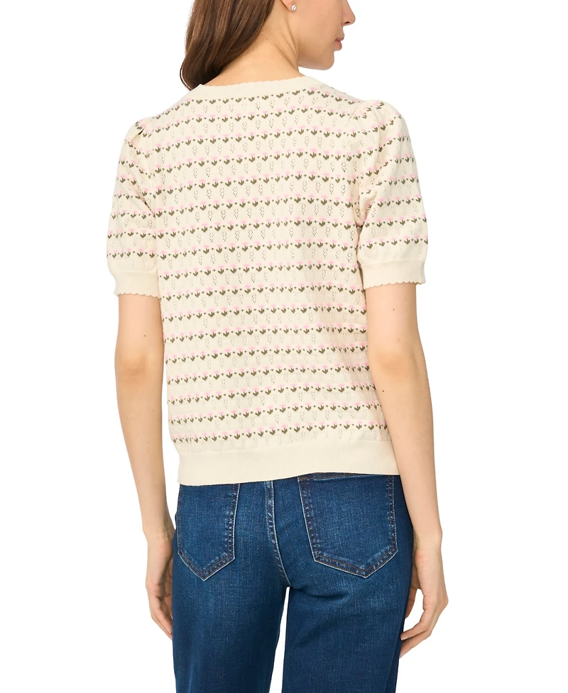 CeCe Women's Flower Pointelle Crewneck Short-Sleeve Cotton Sweater
