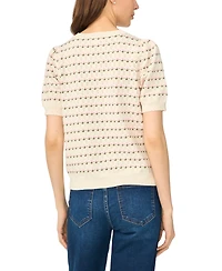 CeCe Women's Flower Pointelle Crewneck Short-Sleeve Cotton Sweater