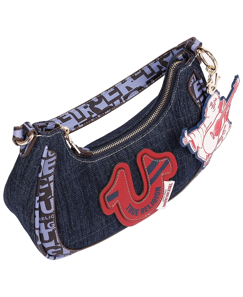 True Religion Graphic Trim Denim Hobo Bag with Buddha Charm