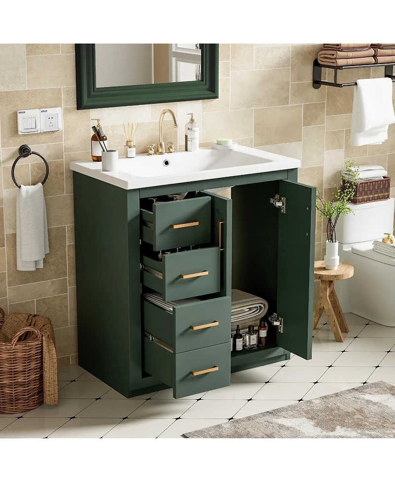 Busdays Bathroom Vanity with Ceramic Sink Combo Solid Wood Frame Freestanding Storage Cabinet with 3 Drawers and Soft Closing Doors