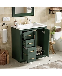 Busdays Bathroom Vanity with Ceramic Sink Combo Solid Wood Frame Freestanding Storage Cabinet with 3 Drawers and Soft Closing Doors