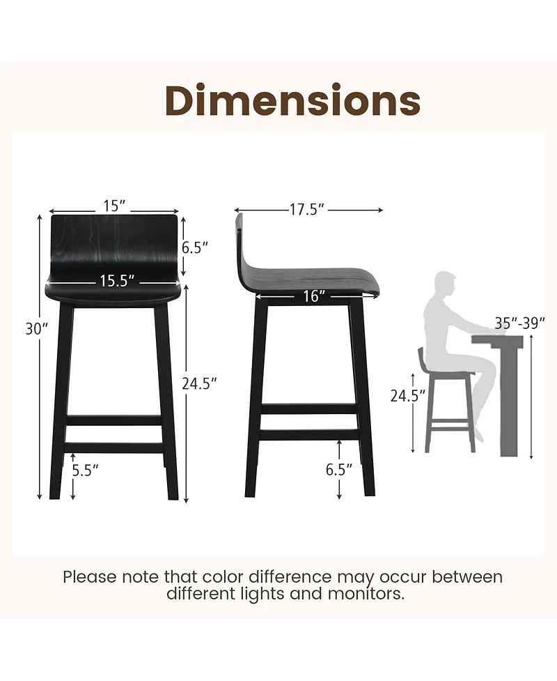 Wooden Bar Stools Set of 2 with Solid Backrest and Seat Design