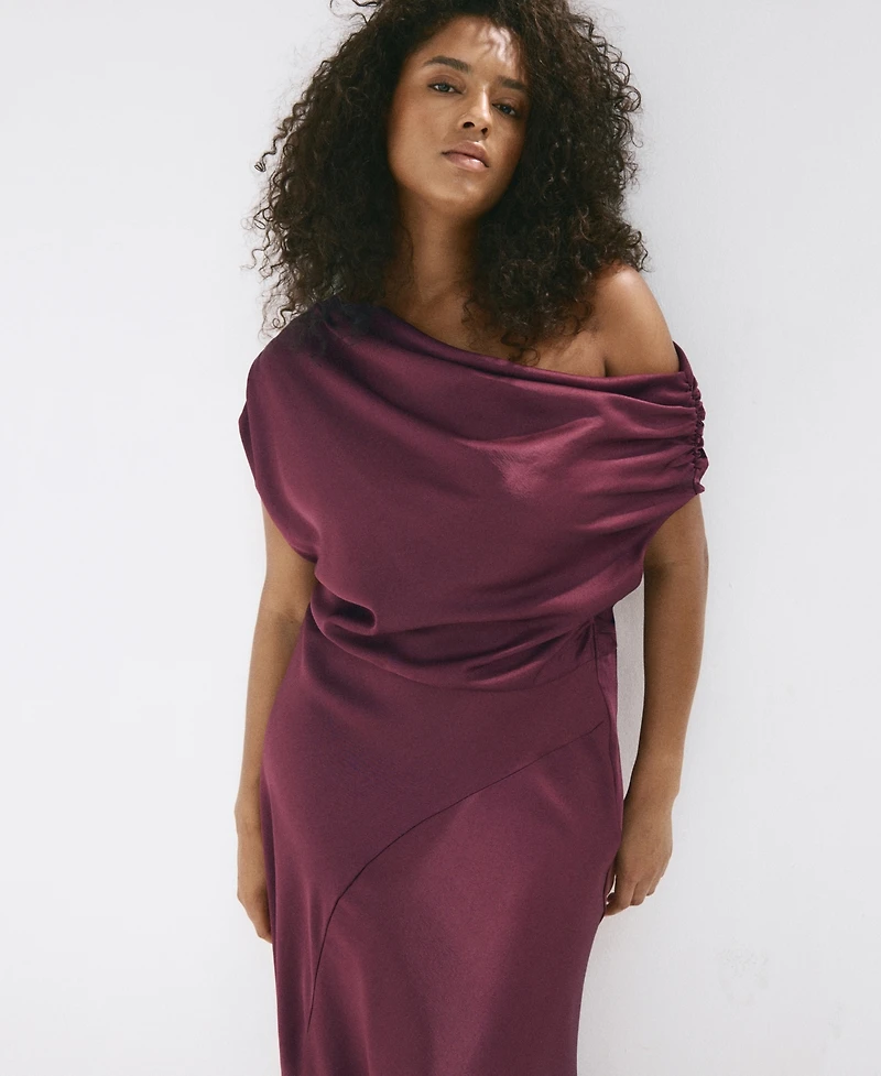 Mango Women's Asymmetrical Ruched Off-the-Shoulder Dress