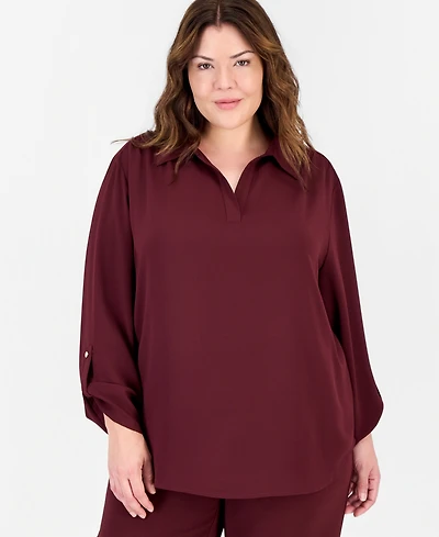 Anne Klein Essentials Plus Size Long-Sleeve Button-Down Roll-Tab Blouse