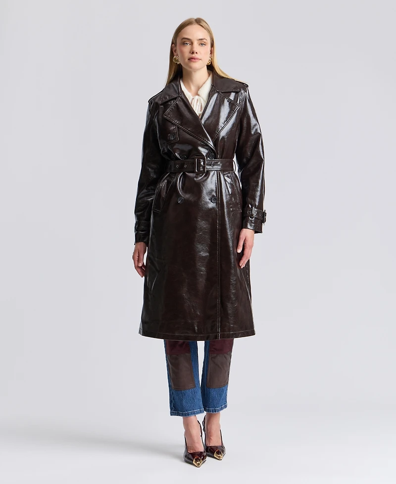 Avec Les Filles Women's Pleather Trench Coat with Fur Collar