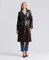 Avec Les Filles Women's Pleather Trench Coat with Fur Collar
