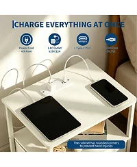 homfan Bedside Table with Charging Station – 3-Tier Storage Nightstand, Fabric Drawer and Metal Frame Compact Narrow End Table for Bedroom Living Room