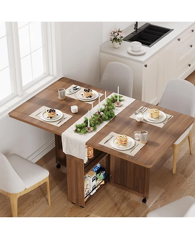 homfan Folding Dining Table with Storage, Folding Kitchen Table with 6 Wheels, Drawer and Shelves, Compact Dining Table for Small Spaces