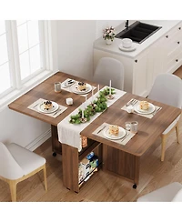 homfan Folding Dining Table with Storage, Folding Kitchen Table with 6 Wheels, Drawer and Shelves, Compact Dining Table for Small Spaces