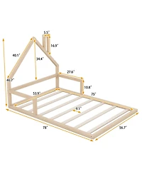 Sailvan Full Wood Floor Bed Frame with House-Shaped Headboard Chimney