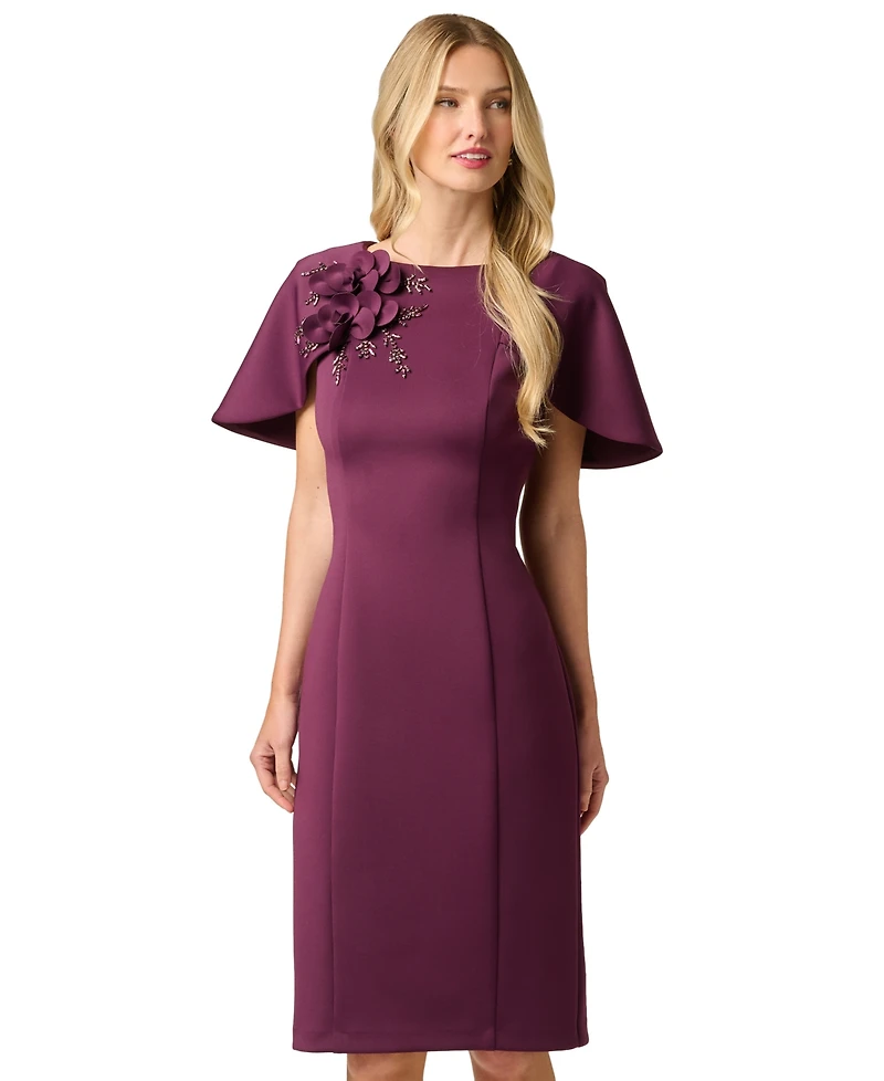 Adrianna Papell Women's 3D Floral Cape-Sleeve Stretch Sheath Dress