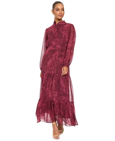 London Times Women's Floral-Print Sheer Long-Sleeve Tiered Long Dress