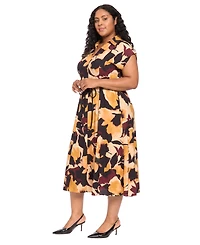 London Times Plus Belted Collared Midi Floral Shirt Dress
