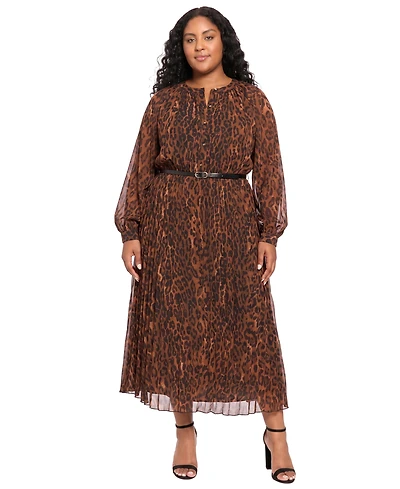 London Times Plus Pleated Skirt Belted Mid Animal-Print Chiffon Dress
