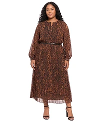 London Times Plus Pleated Skirt Belted Mid Animal-Print Chiffon Dress
