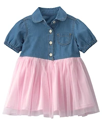 Osh Kosh Baby Girls' Chambray Tulle Short-Sleeve Dress and Bloomers, 2-Piece Set