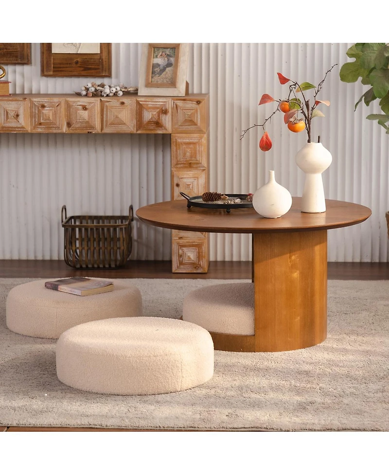 Streamdale Furniture 31.5" Round Wood Coffee Table with 3 Teddy Fabric Nesting Stools