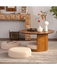 Streamdale Furniture 31.5" Round Wood Coffee Table with 3 Teddy Fabric Nesting Stools