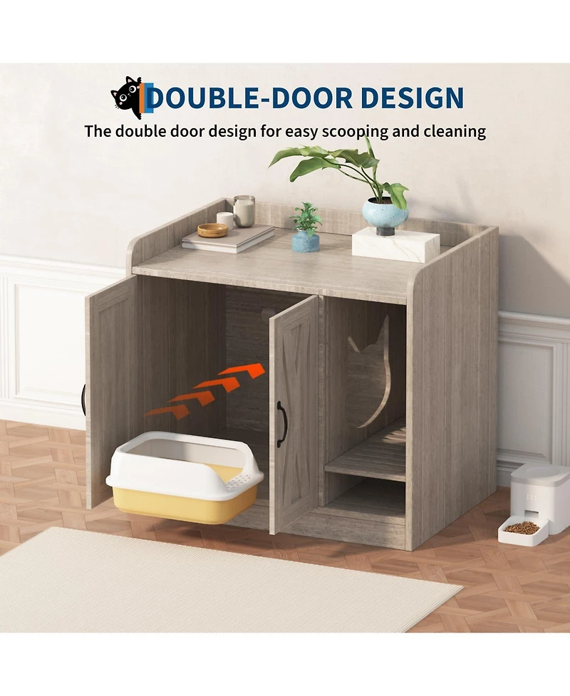 homfan Double Cat Litter Box Enclosure – Modern Hidden Wooden Washroom Cabinet with Divider and Mark Mat, Multi-Functional Indoor House Bench