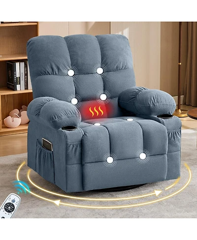 Streamdale Furniture Oversized Swivel Massage Recliner with Lumbar Heat, Usb Port, and Side Pocket