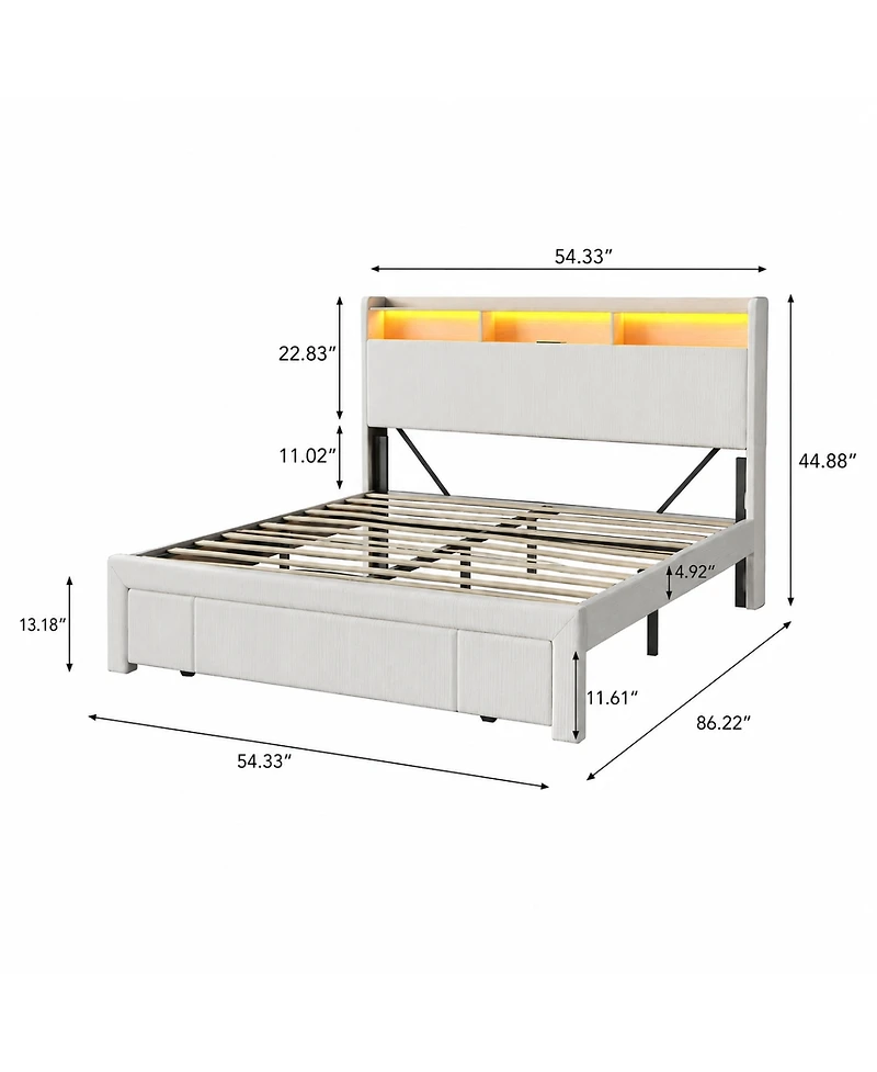 Streamdale Furniture Upholstered Storage Bed with Led, Usb, and Drawers