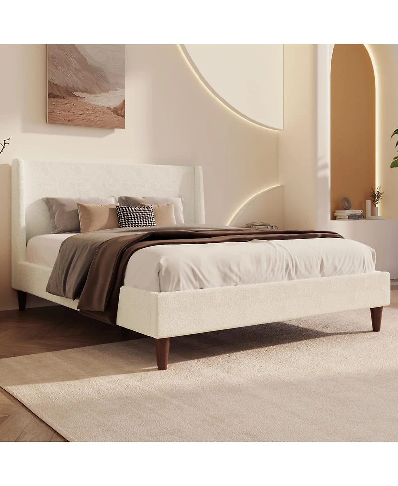 Streamdale Furniture Modern Boucle Wingback Platform Bed with Walnut Legs