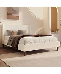 Streamdale Furniture Modern Boucle Wingback Platform Bed with Walnut Legs