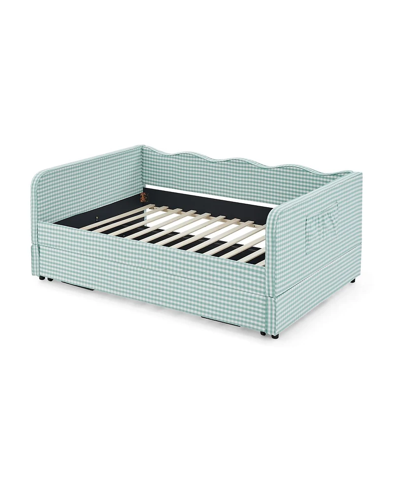 Streamdale Furniture Gingham Upholstered 3-in-1 Full-Size Daybed with Trundle and Storage