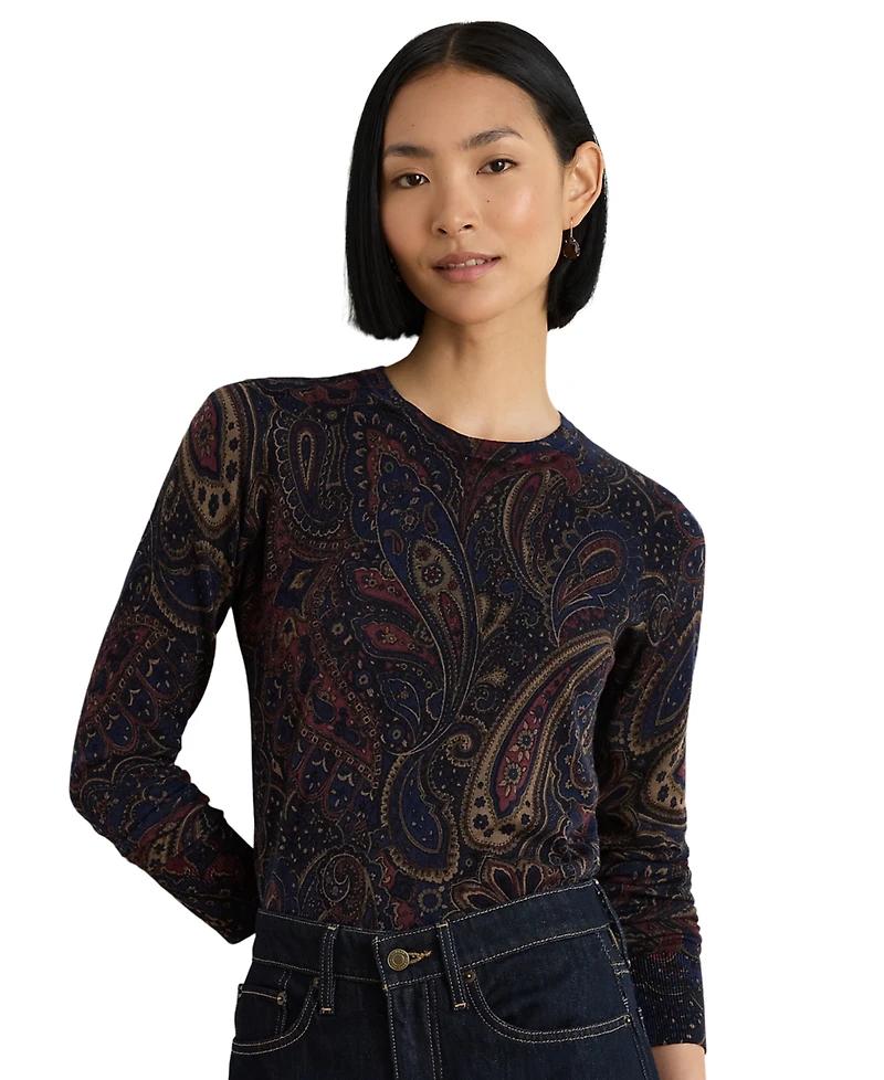 Lauren Ralph Petite Paisley Cotton-Modal Crewneck Sweater