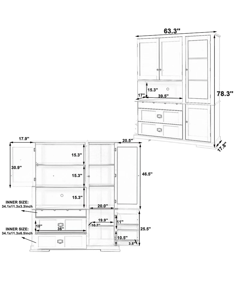 Streamdale Furniture Traditional 63.3" Freestanding Kitchen Pantry Cabinet with Hutch