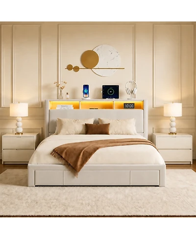 Streamdale Furniture Queen-Size Upholstered Storage Bed with Led Lights, Charging Station and Drawers