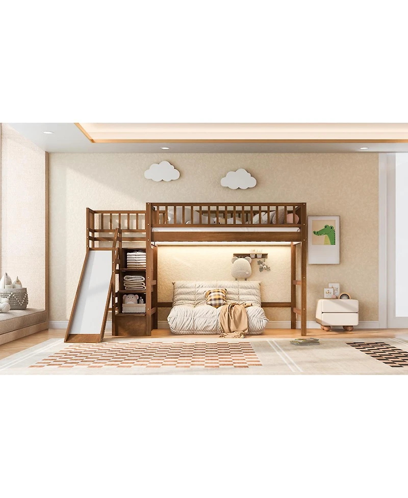 Streamdale Furniture Twin Size Loft Bed with Storage Staircase, Slide and Led Light