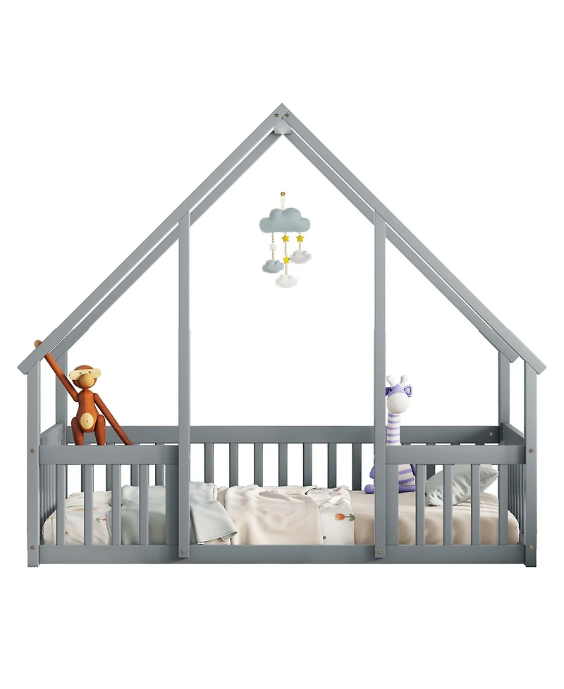 Sailvan Twin Wood House-Shaped Floor Bed with Fence, Guardrails