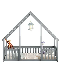 Sailvan Twin Wood House-Shaped Floor Bed with Fence, Guardrails