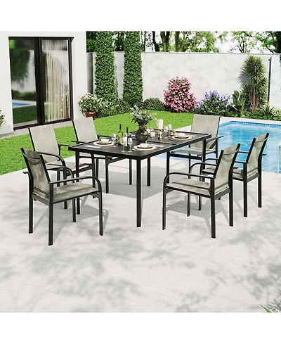 homfan 7-Piece Outdoor Patio Dining Set with 55" Rectangular Iron Table and 6 Textilene Chairs, Wood-Grain Finish for Backyard