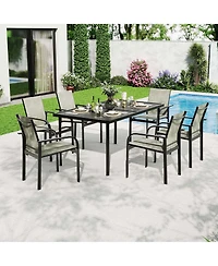 homfan 7-Piece Outdoor Patio Dining Set with 55" Rectangular Iron Table and 6 Textilene Chairs, Wood-Grain Finish for Backyard
