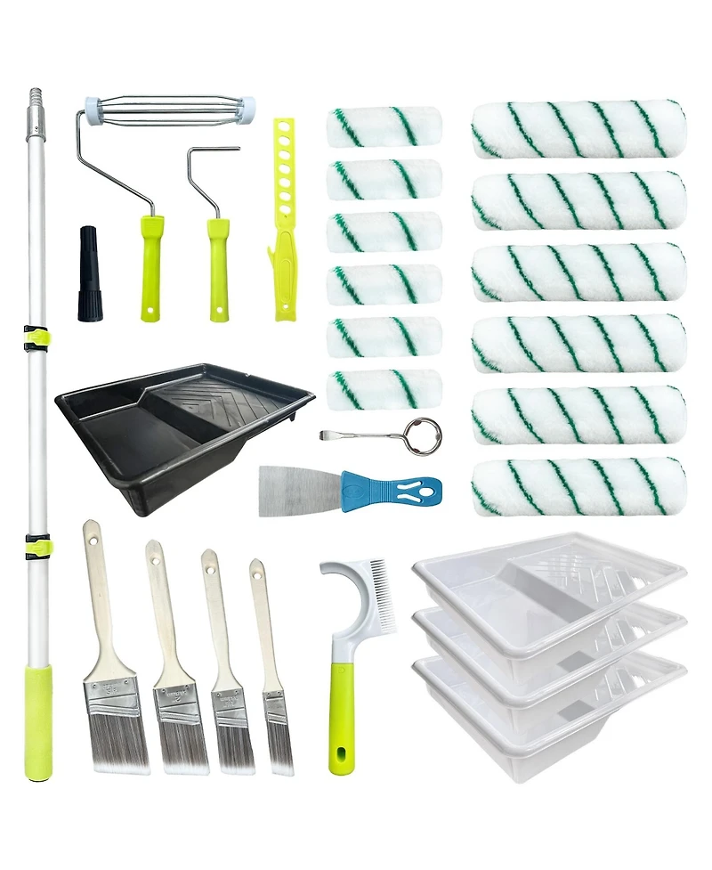 Xdovet Paint Roller Kit Extension Pole 28 Set 2-4 Feet 4"9" Brushes Latex Oil Stains