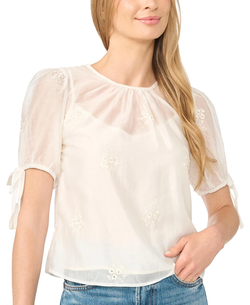 CeCe Women's Bubble Short-Sleeve Shirred Crewneck Blouse
