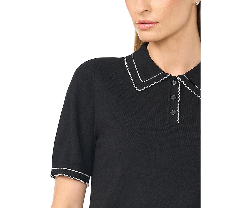CeCe Women's Contrast-Stitch Short-Sleeve Polo Collared Sweater