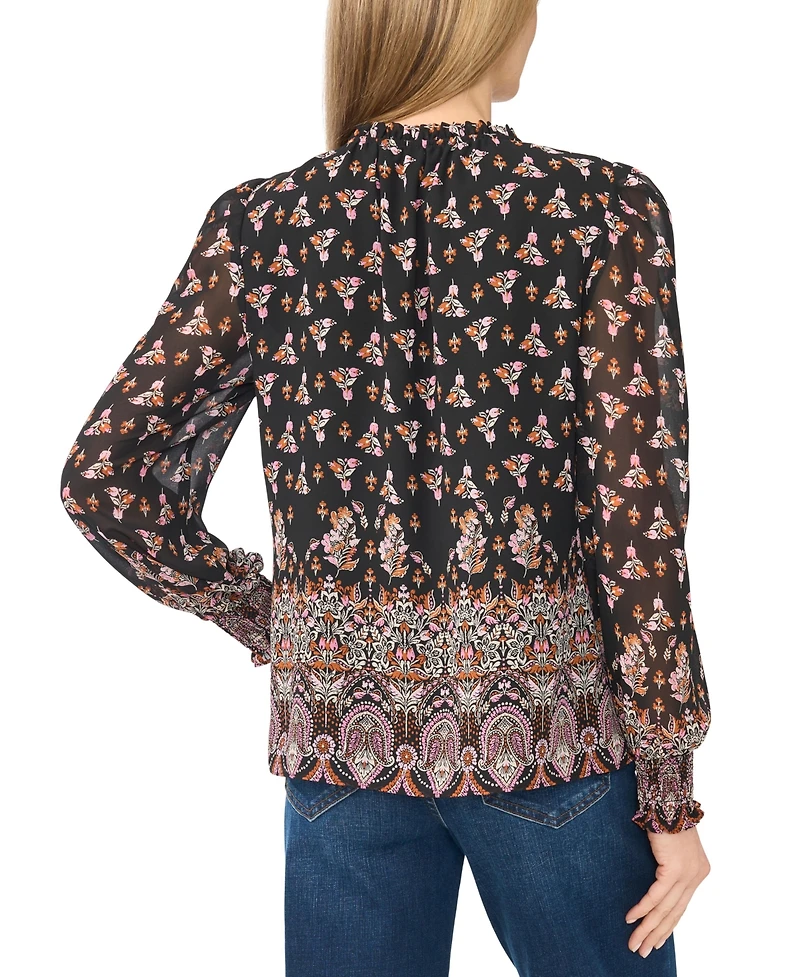 CeCe Women's V-Neck Keyhole-Tie Ruffle Long-Sleeve Blouse