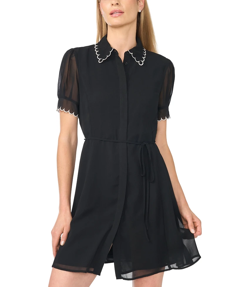 CeCe Women's Contrast Stitch Short-Sleeve Scallop Mini Dress With Tie Waist