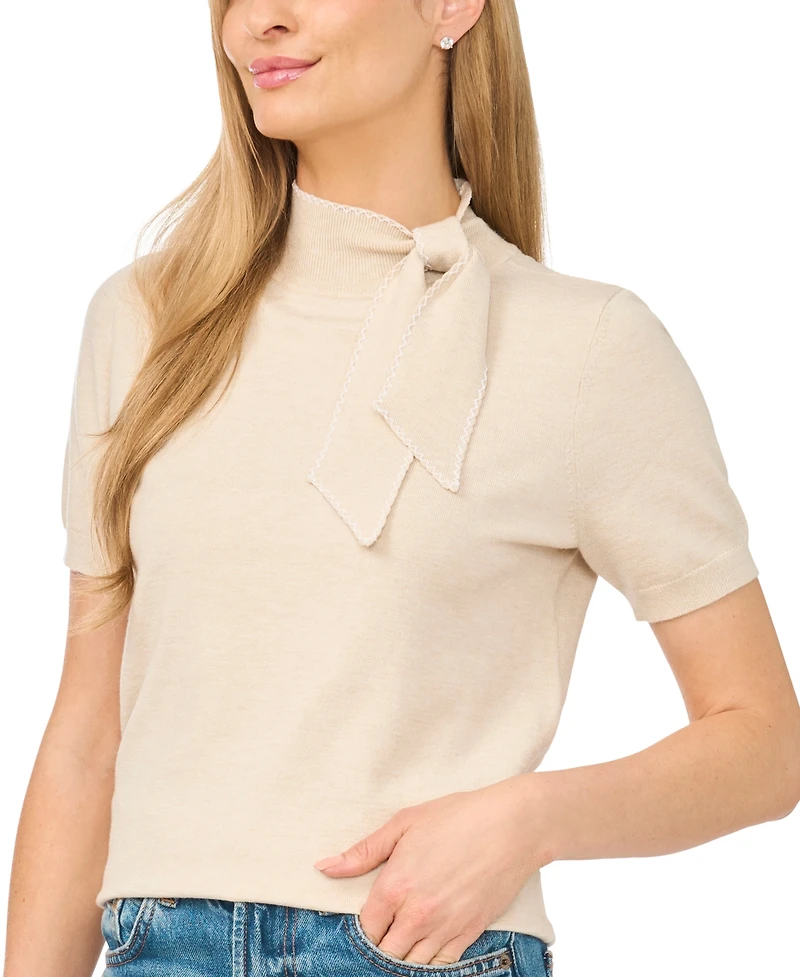 CeCe Women's Scarf Tie Mock Neck Short-Sleeve Viscose Sweater