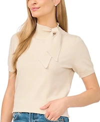 CeCe Women's Scarf Tie Mock Neck Short-Sleeve Viscose Sweater