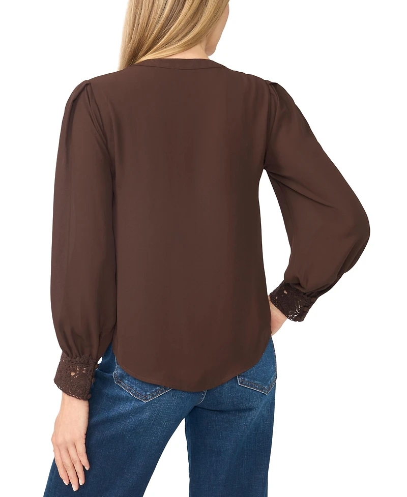 CeCe Women's Lace-Cuff Button-Front V-Neck Blouse