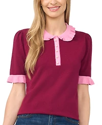 CeCe Women's Cotton Ruffle-Collar Short-Sleeve Top
